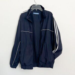 Y Pay more // navy blue athletic windbreaker jacket FLAW M